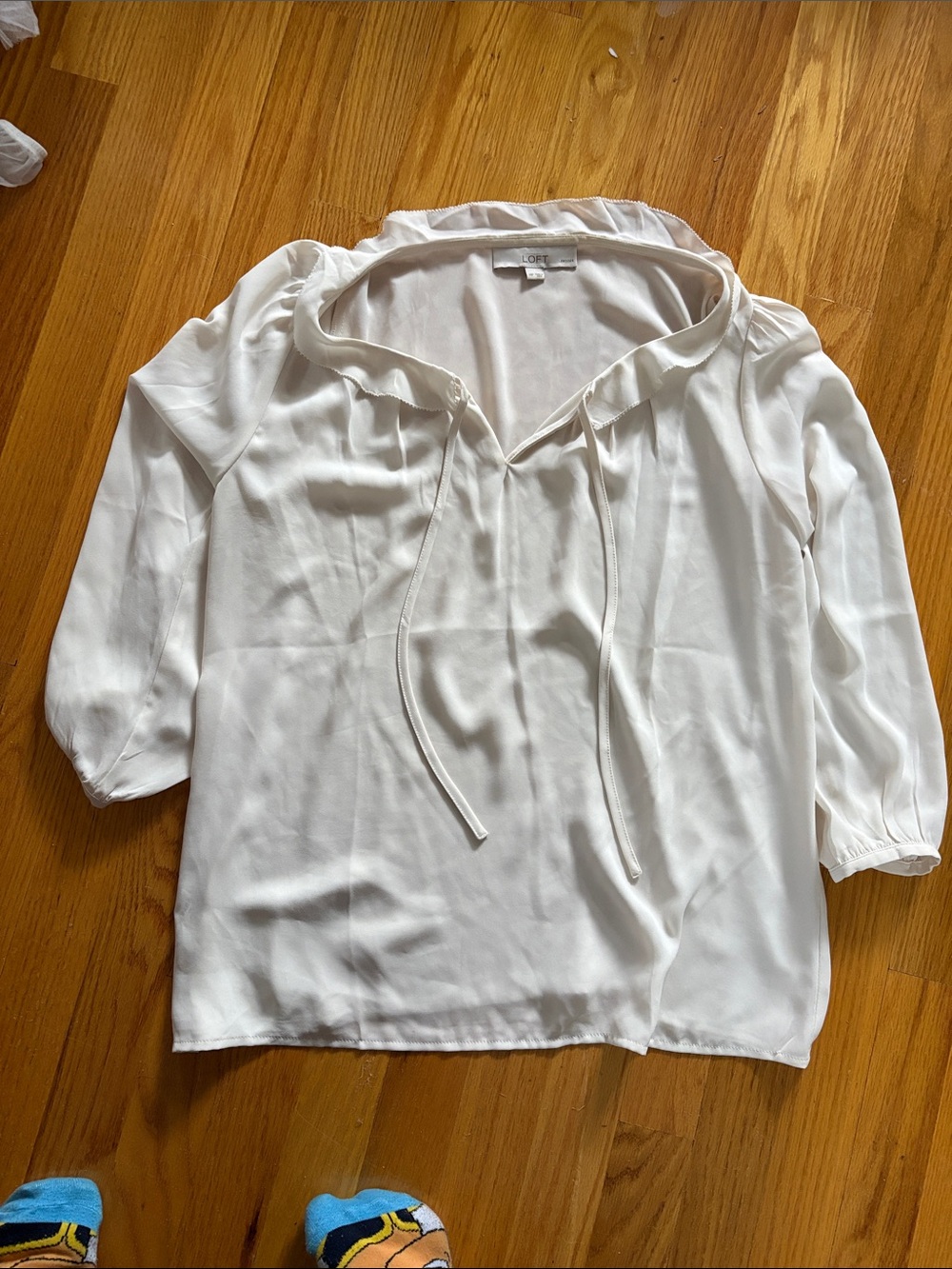 LOFT Cream Tie-Neck Peasant Blouse